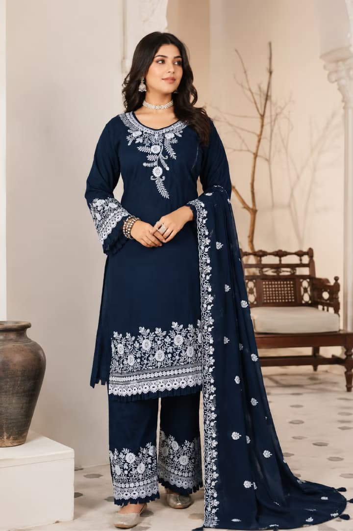 Navy Blue Embroidered Kurta Palazzo Set