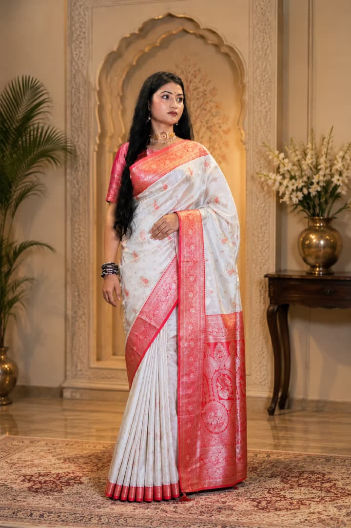 White & Coral Pink Printed Saree with Traditional Border