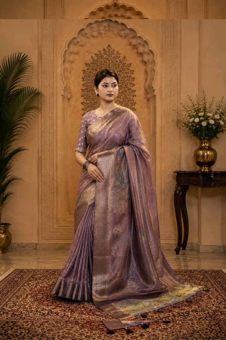 Lavender Purple Woven Saree with Golden Border & Designer Pallu