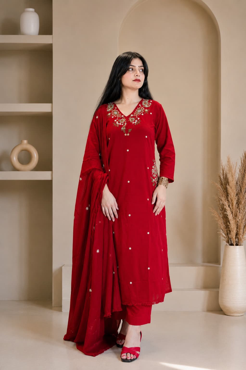 Embroidered Kurta Pant & Dupatta Set Maroon Xl