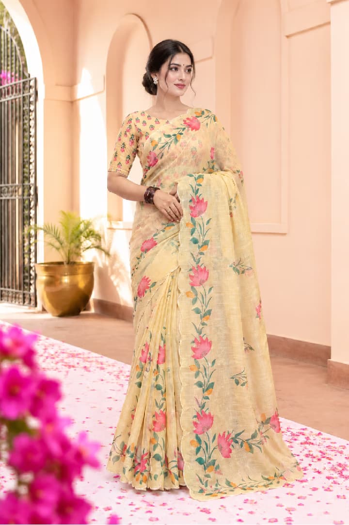 Peach Floral Printed Saree with Matching Blouse