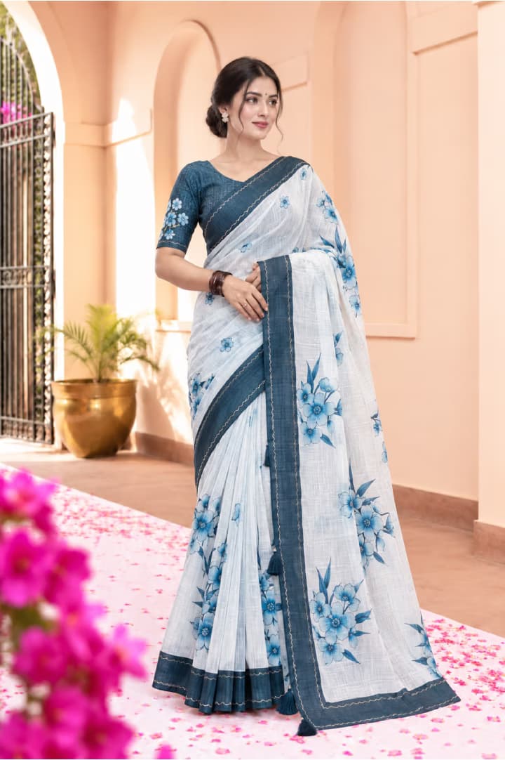 Blue & White Floral Printed Saree with Contrast Border