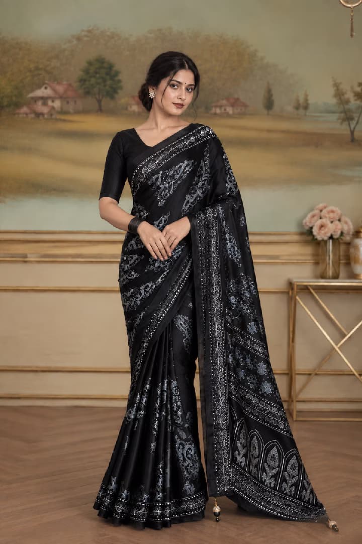 Black Printed Saree with Silver Embroidered Border