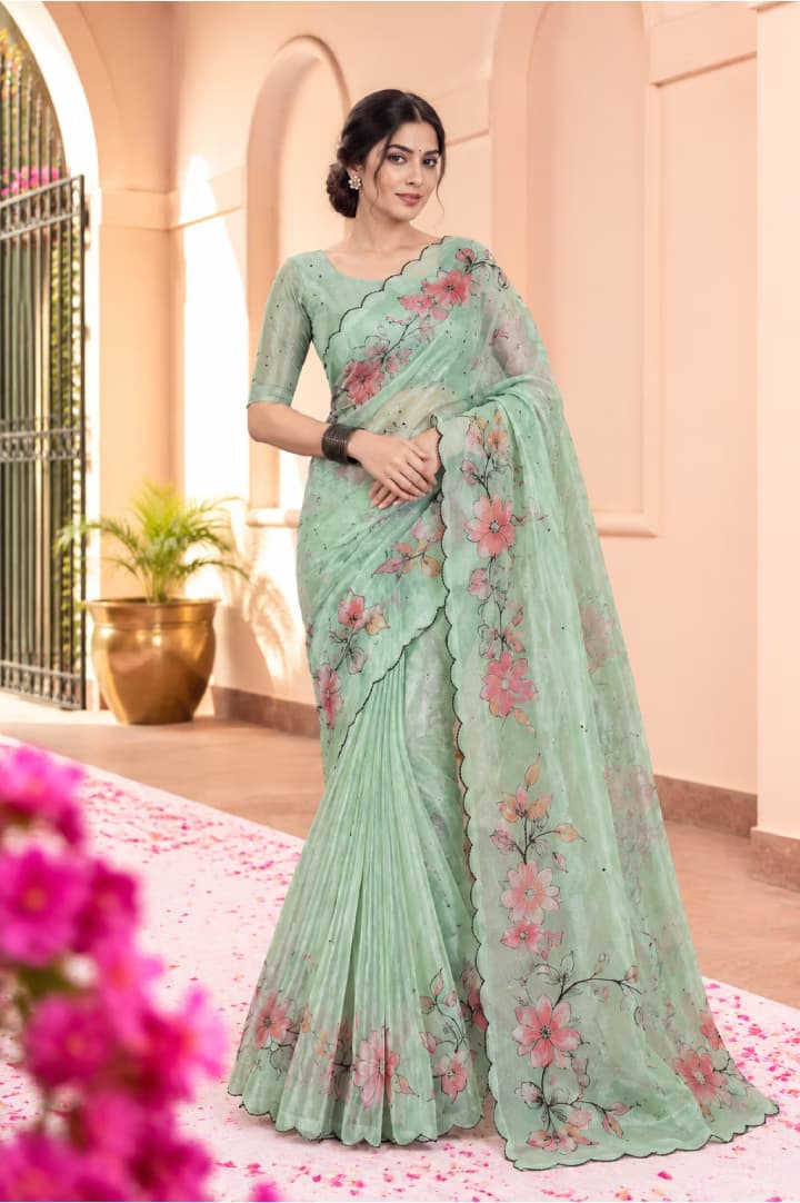 Mint Green Floral Printed Saree with Scalloped Border